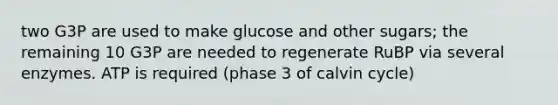 two G3P are used to make glucose and other sugars; the remaining 10 G3P are needed to regenerate RuBP via several enzymes. ATP is required (phase 3 of calvin cycle)