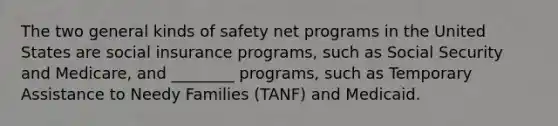 The two general kinds of safety net programs in the United States are social insurance programs, such as Social Security and Medicare, and ________ programs, such as Temporary Assistance to Needy Families (TANF) and Medicaid.