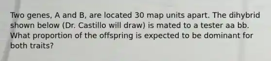 Two genes, A and B, are located 30 map units apart. The dihybrid shown below (Dr. Castillo will draw) is mated to a tester aa bb. What proportion of the offspring is expected to be dominant for both traits?