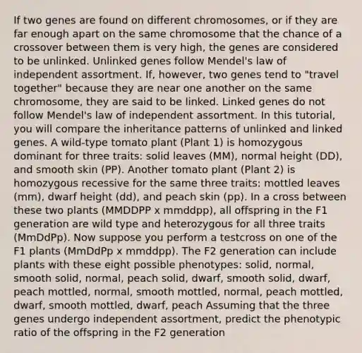 If two genes are found on different chromosomes, or if they are far enough apart on the same chromosome that the chance of a crossover between them is very high, the genes are considered to be unlinked. Unlinked genes follow Mendel's law of independent assortment. If, however, two genes tend to "travel together" because they are near one another on the same chromosome, they are said to be linked. Linked genes do not follow Mendel's law of independent assortment. In this tutorial, you will compare the inheritance patterns of unlinked and linked genes. A wild-type tomato plant (Plant 1) is homozygous dominant for three traits: solid leaves (MM), normal height (DD), and smooth skin (PP). Another tomato plant (Plant 2) is homozygous recessive for the same three traits: mottled leaves (mm), dwarf height (dd), and peach skin (pp). In a cross between these two plants (MMDDPP x mmddpp), all offspring in the F1 generation are wild type and heterozygous for all three traits (MmDdPp). Now suppose you perform a testcross on one of the F1 plants (MmDdPp x mmddpp). The F2 generation can include plants with these eight possible phenotypes: solid, normal, smooth solid, normal, peach solid, dwarf, smooth solid, dwarf, peach mottled, normal, smooth mottled, normal, peach mottled, dwarf, smooth mottled, dwarf, peach Assuming that the three genes undergo independent assortment, predict the phenotypic ratio of the offspring in the F2 generation