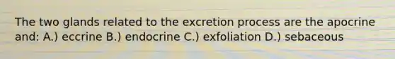 The two glands related to the excretion process are the apocrine and: A.) eccrine B.) endocrine C.) exfoliation D.) sebaceous