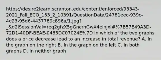 https://desire2learn.scranton.edu/content/enforced/93343-2021_Fall_ECO_153_2_10391/QuestionData/24781eec-939c-4e23-95d6-4437789c896a/1.jpg?_&d2lSessionVal=req2gfzX5gGncrhGwX4elnjxI#%7B57E49A3D-72D1-40DF-BEAE-0465DC07024E%7D In which of the two graphs does a price decrease lead to an increase in total revenue? A. In the graph on the right B. In the graph on the left C. In both graphs D. In neither graph