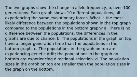 The two graphs show the change in allele frequency, p, over 100 generations. Each graph shows 10 different populations, all experiencing the same evolutionary forces. What is the most likely difference between the populations shown in the top graph compared to the populations in the bottom graph? a. There is no difference between the populations; the differences in the graphs are due to chance. b. The populations in the graph on top have a longer generation time than the populations in the bottom graph. c. The populations in the graph on top are experiencing genetic drift; the populations in the graph on bottom are experiencing directional selection. d. The population sizes in the graph on top are smaller than the population sizes in the graph on the bottom.