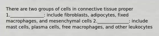 There are two groups of cells in connective tissue proper 1._______________: include fibroblasts, adipocytes, fixed macrophages, and mesenchymal cells 2.______________: include mast cells, plasma cells, free macrophages, and other leukocytes