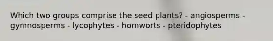 Which two groups comprise the seed plants? - angiosperms - gymnosperms - lycophytes - hornworts - pteridophytes