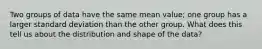 Two groups of data have the same mean value; one group has a larger standard deviation than the other group. What does this tell us about the distribution and shape of the data?