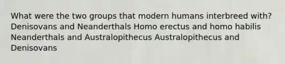 What were the two groups that modern humans interbreed with? Denisovans and Neanderthals Homo erectus and homo habilis Neanderthals and Australopithecus Australopithecus and Denisovans