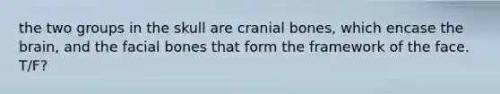 the two groups in the skull are cranial bones, which encase the brain, and the facial bones that form the framework of the face. T/F?