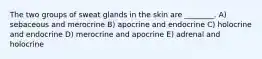 The two groups of sweat glands in the skin are ________. A) sebaceous and merocrine B) apocrine and endocrine C) holocrine and endocrine D) merocrine and apocrine E) adrenal and holocrine