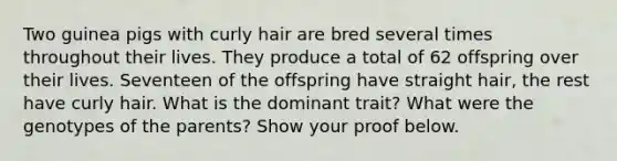 Two guinea pigs with curly hair are bred several times throughout their lives. They produce a total of 62 offspring over their lives. Seventeen of the offspring have straight hair, the rest have curly hair. What is the dominant trait? What were the genotypes of the parents? Show your proof below.