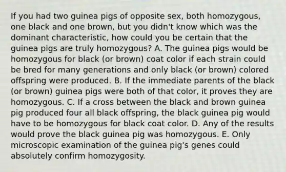 If you had two guinea pigs of opposite sex, both homozygous, one black and one brown, but you didn't know which was the dominant characteristic, how could you be certain that the guinea pigs are truly homozygous? A. The guinea pigs would be homozygous for black (or brown) coat color if each strain could be bred for many generations and only black (or brown) colored offspring were produced. B. If the immediate parents of the black (or brown) guinea pigs were both of that color, it proves they are homozygous. C. If a cross between the black and brown guinea pig produced four all black offspring, the black guinea pig would have to be homozygous for black coat color. D. Any of the results would prove the black guinea pig was homozygous. E. Only microscopic examination of the guinea pig's genes could absolutely confirm homozygosity.