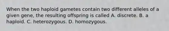 When the two haploid gametes contain two different alleles of a given gene, the resulting offspring is called A. discrete. B. a haploid. C. heterozygous. D. homozygous.