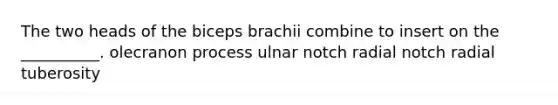 The two heads of the biceps brachii combine to insert on the __________. olecranon process ulnar notch radial notch radial tuberosity
