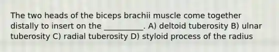 The two heads of the biceps brachii muscle come together distally to insert on the __________. A) deltoid tuberosity B) ulnar tuberosity C) radial tuberosity D) styloid process of the radius