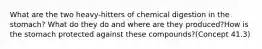 What are the two heavy-hitters of chemical digestion in the stomach? What do they do and where are they produced?How is the stomach protected against these compounds?(Concept 41.3)