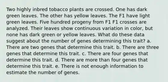 Two highly inbred tobacco plants are crossed. One has dark green leaves. The other has yellow leaves. The F1 have light green leaves. Five hundred progeny from F1 F1 crosses are analyzed. Their leaves show continuous variation in color, but none has dark green or yellow leaves. What do these data suggest about the number of genes determining this trait? a. There are two genes that determine this trait. b. There are three genes that determine this trait. c. There are four genes that determine this trait. d. There are <a href='https://www.questionai.com/knowledge/keWHlEPx42-more-than' class='anchor-knowledge'>more than</a> four genes that determine this trait. e. There is not enough information to estimate the number of genes.