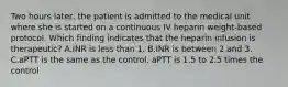 Two hours later, the patient is admitted to the medical unit where she is started on a continuous IV heparin weight-based protocol. Which finding indicates that the heparin infusion is therapeutic? A.INR is less than 1. B.INR is between 2 and 3. C.aPTT is the same as the control. aPTT is 1.5 to 2.5 times the control