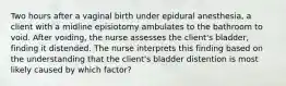 Two hours after a vaginal birth under epidural anesthesia, a client with a midline episiotomy ambulates to the bathroom to void. After voiding, the nurse assesses the client's bladder, finding it distended. The nurse interprets this finding based on the understanding that the client's bladder distention is most likely caused by which factor?