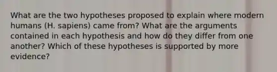 What are the two hypotheses proposed to explain where modern humans (H. sapiens) came from? What are the arguments contained in each hypothesis and how do they differ from one another? Which of these hypotheses is supported by more evidence?