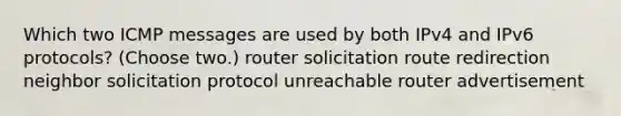 Which two ICMP messages are used by both IPv4 and IPv6 protocols? (Choose two.)​ router solicitation route redirection neighbor solicitation protocol unreachable router advertisement