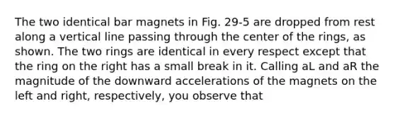 The two identical bar magnets in Fig. 29-5 are dropped from rest along a vertical line passing through the center of the rings, as shown. The two rings are identical in every respect except that the ring on the right has a small break in it. Calling aL and aR the magnitude of the downward accelerations of the magnets on the left and right, respectively, you observe that