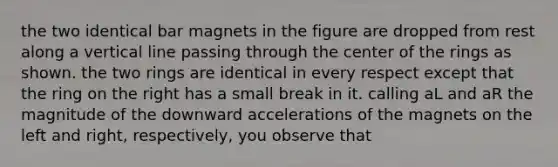 the two identical bar magnets in the figure are dropped from rest along a vertical line passing through the center of the rings as shown. the two rings are identical in every respect except that the ring on the right has a small break in it. calling aL and aR the magnitude of the downward accelerations of the magnets on the left and right, respectively, you observe that