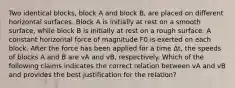 Two identical blocks, block A and block B, are placed on different horizontal surfaces. Block A is initially at rest on a smooth surface, while block B is initially at rest on a rough surface. A constant horizontal force of magnitude F0 is exerted on each block. After the force has been applied for a time Δt, the speeds of blocks A and B are vA and vB, respectively. Which of the following claims indicates the correct relation between vA and vB and provides the best justification for the relation?