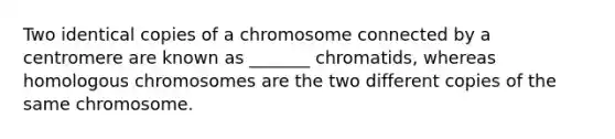 Two identical copies of a chromosome connected by a centromere are known as _______ chromatids, whereas homologous chromosomes are the two different copies of the same chromosome.