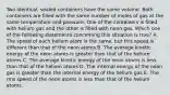 Two identical, sealed containers have the same volume. Both containers are filled with the same number of moles of gas at the same temperature and pressure. One of the containers is filled with helium gas and the other is filled with neon gas. Which one of the following statements concerning this situation is true? A. The speed of each helium atom is the same, but this speed is different than that of the neon atoms B. The average kinetic energy of the neon atoms is greater than that of the helium atoms C. The average kinetic energy of the neon atoms is less than that of the helium atoms D. The internal energy of the neon gas is greater than the internal energy of the helium gas E. The rms speed of the neon atoms is less than that of the helium atoms.