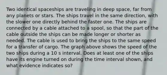 Two identical spaceships are traveling in deep space, far from any planets or stars. The ships travel in the same direction, with the slower one directly behind the faster one. The ships are connected by a cable attached to a spool, so that the part of the cable outside the ships can be made longer or shorter as needed. The cable is used to bring the ships to the same speed for a transfer of cargo. The graph above shows the speed of the two ships during a 10 s interval. Does at least one of the ships have its engine turned on during the time interval shown, and what evidence indicates so?