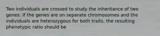 Two individuals are crossed to study the inheritance of two genes. If the genes are on separate chromosomes and the individuals are heterozygous for both traits, the resulting phenotypic ratio should be