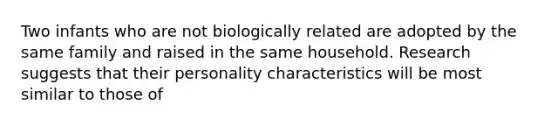 Two infants who are not biologically related are adopted by the same family and raised in the same household. Research suggests that their personality characteristics will be most similar to those of