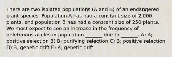 There are two isolated populations (A and B) of an endangered plant species. Population A has had a constant size of 2,000 plants, and population B has had a constant size of 250 plants. We most expect to see an increase in the frequency of deleterious alleles in population _______ due to _______. A) A; positive selection B) B; purifying selection C) B; positive selection D) B; genetic drift E) A; genetic drift