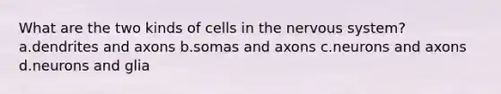 What are the two kinds of cells in the nervous system? a.dendrites and axons b.somas and axons c.neurons and axons d.neurons and glia