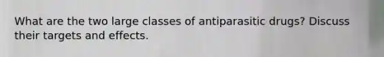 What are the two large classes of antiparasitic drugs? Discuss their targets and effects.