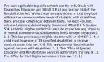 Two laws applicable to public schools are the Individuals with Disabilities Education Act (IDEAI D E A) and Section 504 of the Rehabilitation Act. While these laws are similar in that they both address the communication needs of students with disabilities, there are clear differences between them. For each column, select all statements that apply. Statement IDEAI D E A Section 504 A child is eligible under this law if he or she has any physical or mental condition that substantially limits a major life activity. 1. 2. This law provides an eligible student with an IEPI E P. 3. 4. A child must have one of 13 specified disabilities to receive services under this law. 5. 6. This law prevents discrimination against persons with disabilities. 7. 8. The Office of Special Education and Rehabilitative Services administers this law. 9. 10. The Office for Civil Rights administers this law. 11. 12.