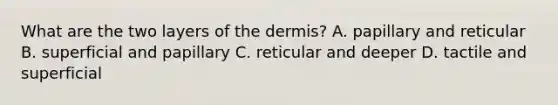 What are the two layers of the dermis? A. papillary and reticular B. superficial and papillary C. reticular and deeper D. tactile and superficial