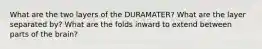 What are the two layers of the DURAMATER? What are the layer separated by? What are the folds inward to extend between parts of the brain?