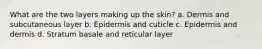 What are the two layers making up the skin? a. Dermis and subcutaneous layer b. Epidermis and cuticle c. Epidermis and dermis d. Stratum basale and reticular layer