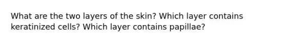 What are the two layers of the skin? Which layer contains keratinized cells? Which layer contains papillae?