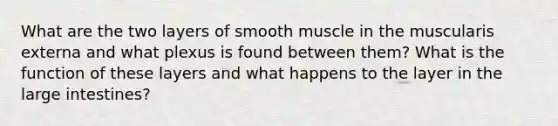 What are the two layers of smooth muscle in the muscularis externa and what plexus is found between them? What is the function of these layers and what happens to the layer in the large intestines?