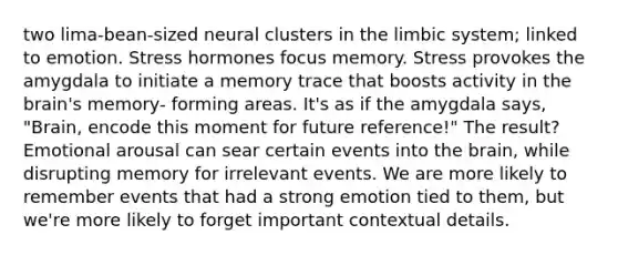 two lima-bean-sized neural clusters in the limbic system; linked to emotion. Stress hormones focus memory. Stress provokes the amygdala to initiate a memory trace that boosts activity in <a href='https://www.questionai.com/knowledge/kLMtJeqKp6-the-brain' class='anchor-knowledge'>the brain</a>'s memory- forming areas. It's as if the amygdala says, "Brain, encode this moment for future reference!" The result? Emotional arousal can sear certain events into the brain, while disrupting memory for irrelevant events. We are more likely to remember events that had a strong emotion tied to them, but we're more likely to forget important contextual details.