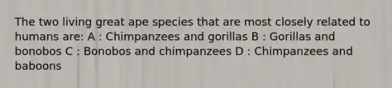 The two living great ape species that are most closely related to humans are: A : Chimpanzees and gorillas B : Gorillas and bonobos C : Bonobos and chimpanzees D : Chimpanzees and baboons