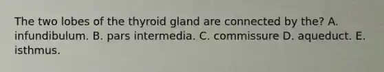 The two lobes of the thyroid gland are connected by the? A. infundibulum. B. pars intermedia. C. commissure D. aqueduct. E. isthmus.