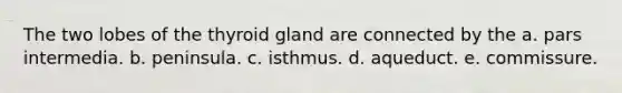 The two lobes of the thyroid gland are connected by the a. pars intermedia. b. peninsula. c. isthmus. d. aqueduct. e. commissure.