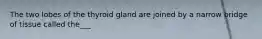 The two lobes of the thyroid gland are joined by a narrow bridge of tissue called the___