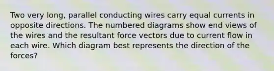 Two very long, parallel conducting wires carry equal currents in opposite directions. The numbered diagrams show end views of the wires and the resultant force vectors due to current flow in each wire. Which diagram best represents the direction of the forces?