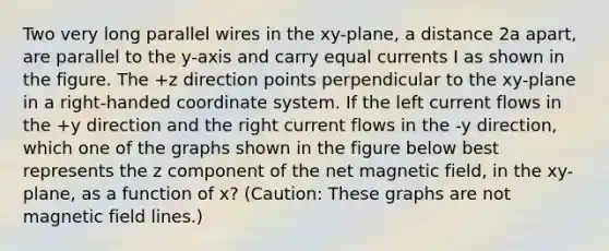 Two very long parallel wires in the xy-plane, a distance 2a apart, are parallel to the y-axis and carry equal currents I as shown in the figure. The +z direction points perpendicular to the xy-plane in a right-handed <a href='https://www.questionai.com/knowledge/k0mliGrrmM-coordinate-system' class='anchor-knowledge'>coordinate system</a>. If the left current flows in the +y direction and the right current flows in the -y direction, which one of the graphs shown in the figure below best represents the z component of the net magnetic field, in the xy-plane, as a function of x? (Caution: These graphs are not magnetic field lines.)