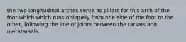 the two longitudinal arches serve as pillars for this arch of the foot which which runs obliquely from one side of the foot to the other, following the line of joints between the tarsals and metatarsals.