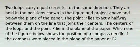 Two loops carry equal currents I in the same direction. They are held in the positions shown in the figure and project above and below the plane of the paper. The point P lies exactly halfway between them on the line that joins their centers. The centers of the loops and the point P lie in the plane of the paper. Which one of the figures below shows the position of a compass needle if the compass were placed in the plane of the paper at P?